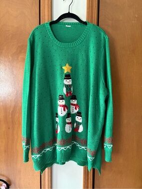 Green Holiday Snowman Tree Knit Sweater